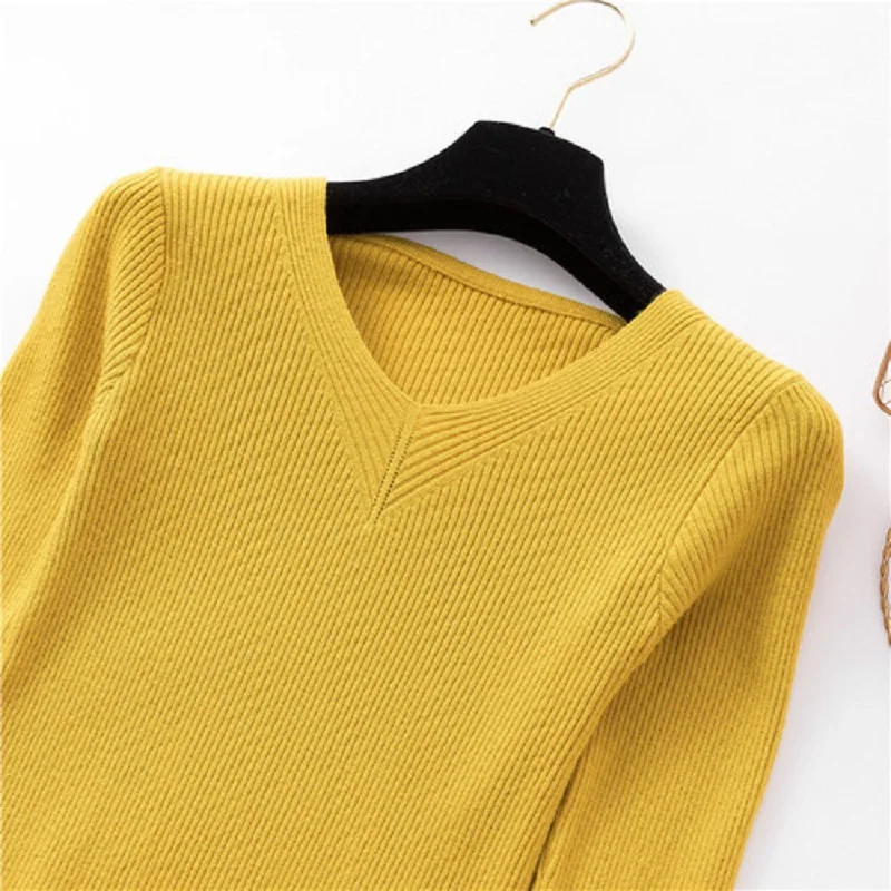 V Neck Sweater Women Pullover Knitted Warm Cashmere Long Sleeve Winter Jumper Womens Causal | Женская одежда
