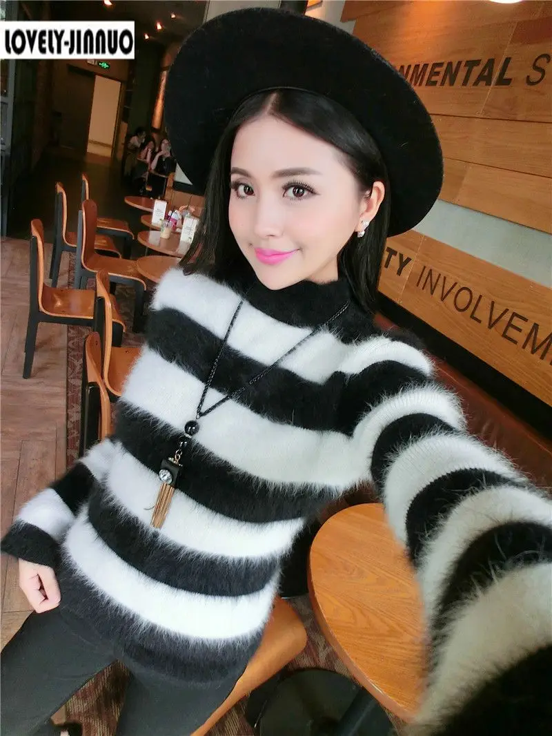 Новые Флисовые женские норковые кашемировые пуловеры свитера черно-белые