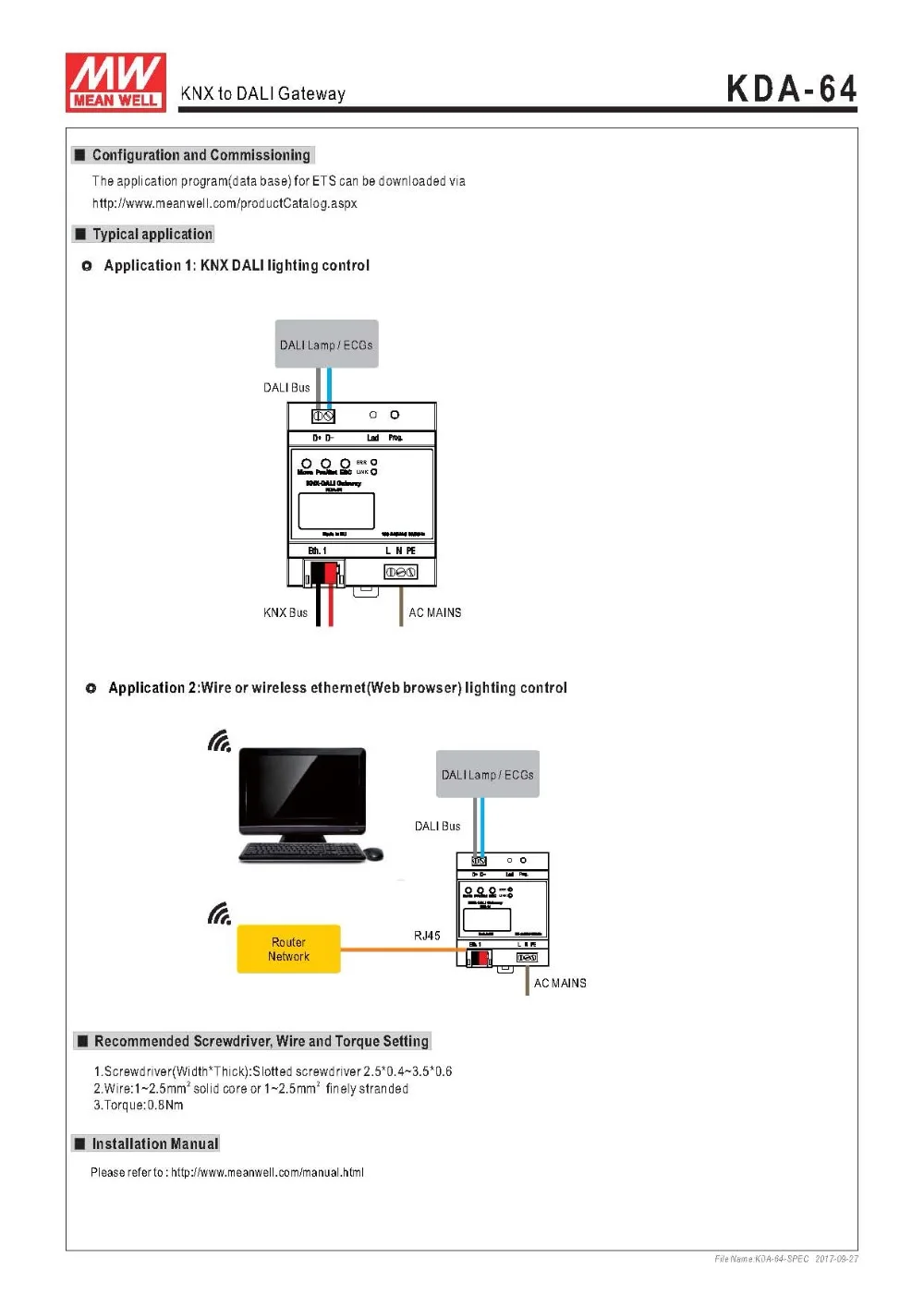 MEAN WELL KNX to DALI Gateway KDA-64