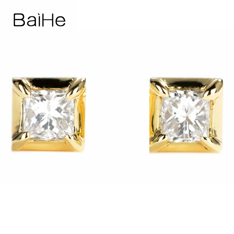 BAIHE Твердые 14 к желтое золото 0.20ct Принцесса Форма I-J/SI настоящие натуральные бриллианты Свадебные трендовые ювелирные изделия серьги-гвоздики