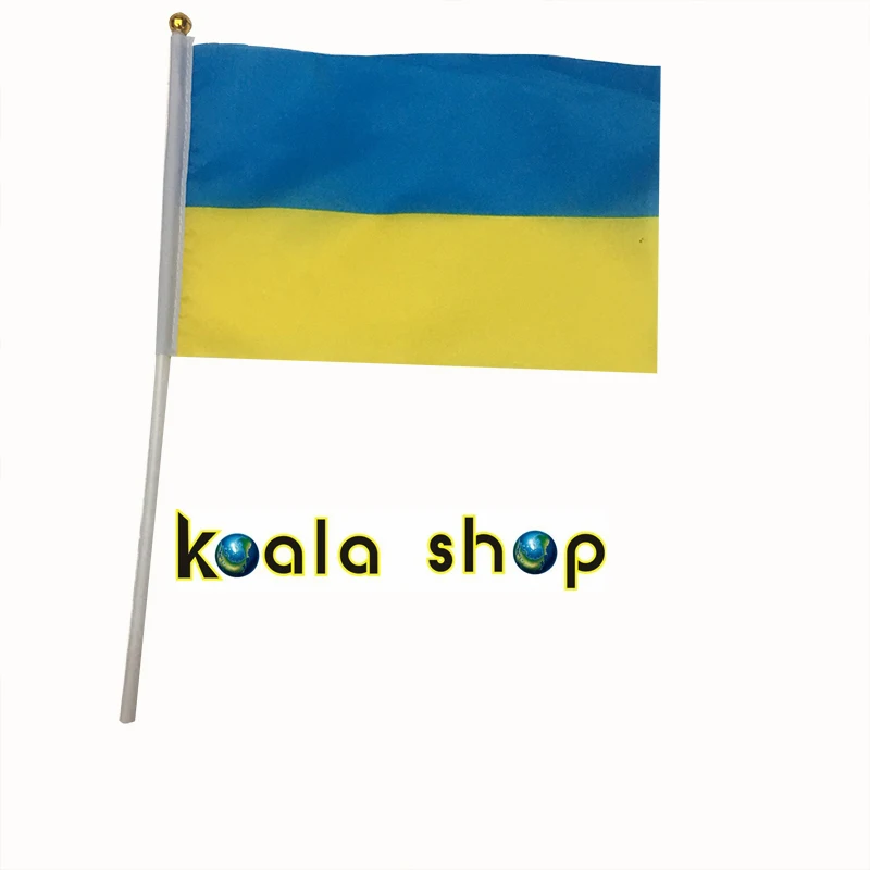 

100 шт./лот 14*21 см флаг Украины ручная волна флаги с пластиковым флагштоком полиэстер Печать баннер