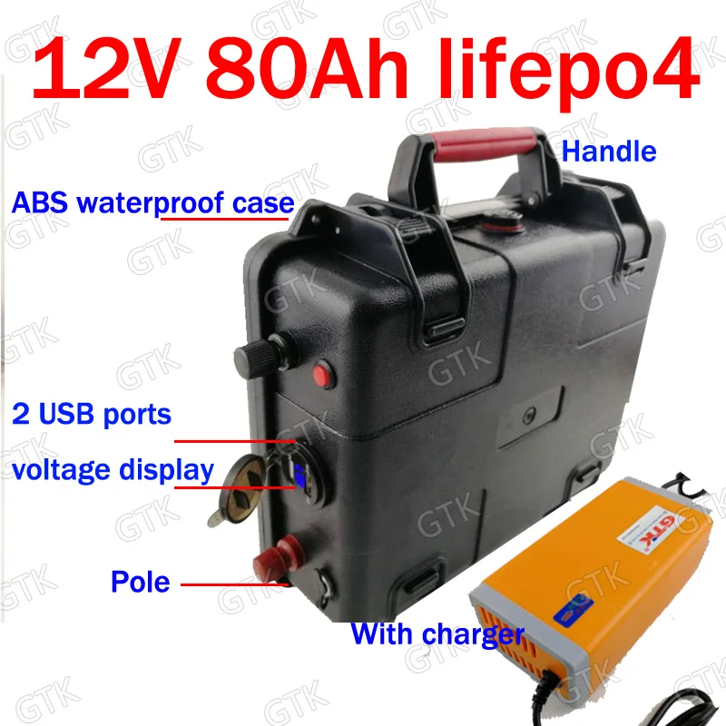 Водонепроницаемая батарея GTK lifepo4 12 в 80 ач 8 аккумуляторы с USB портом для освещения