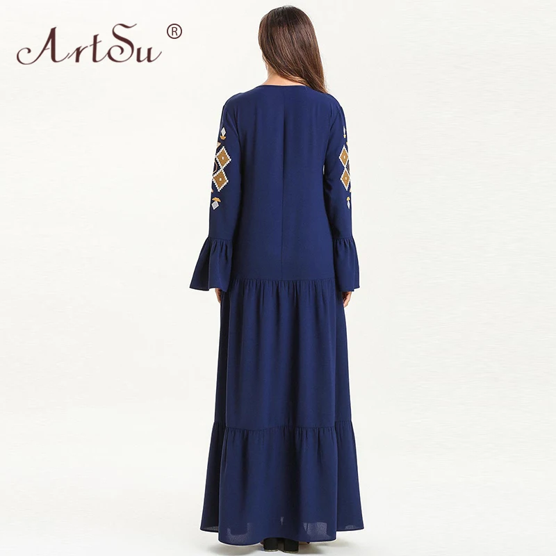 

ArtSu Tie Neck Tassel Pleated Robe Femme Vintage Ethnic Geometric Embroidery Maxi Dress Women Long Sleeve Loose Plus Size Dress