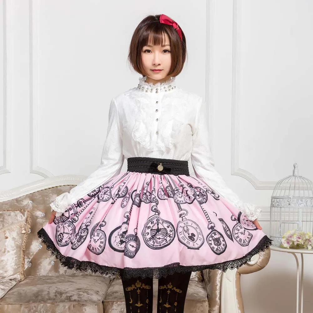 Милые розовые карманные часы Mori Girl с короткой юбкой и принтом для лета|short skirt|printed