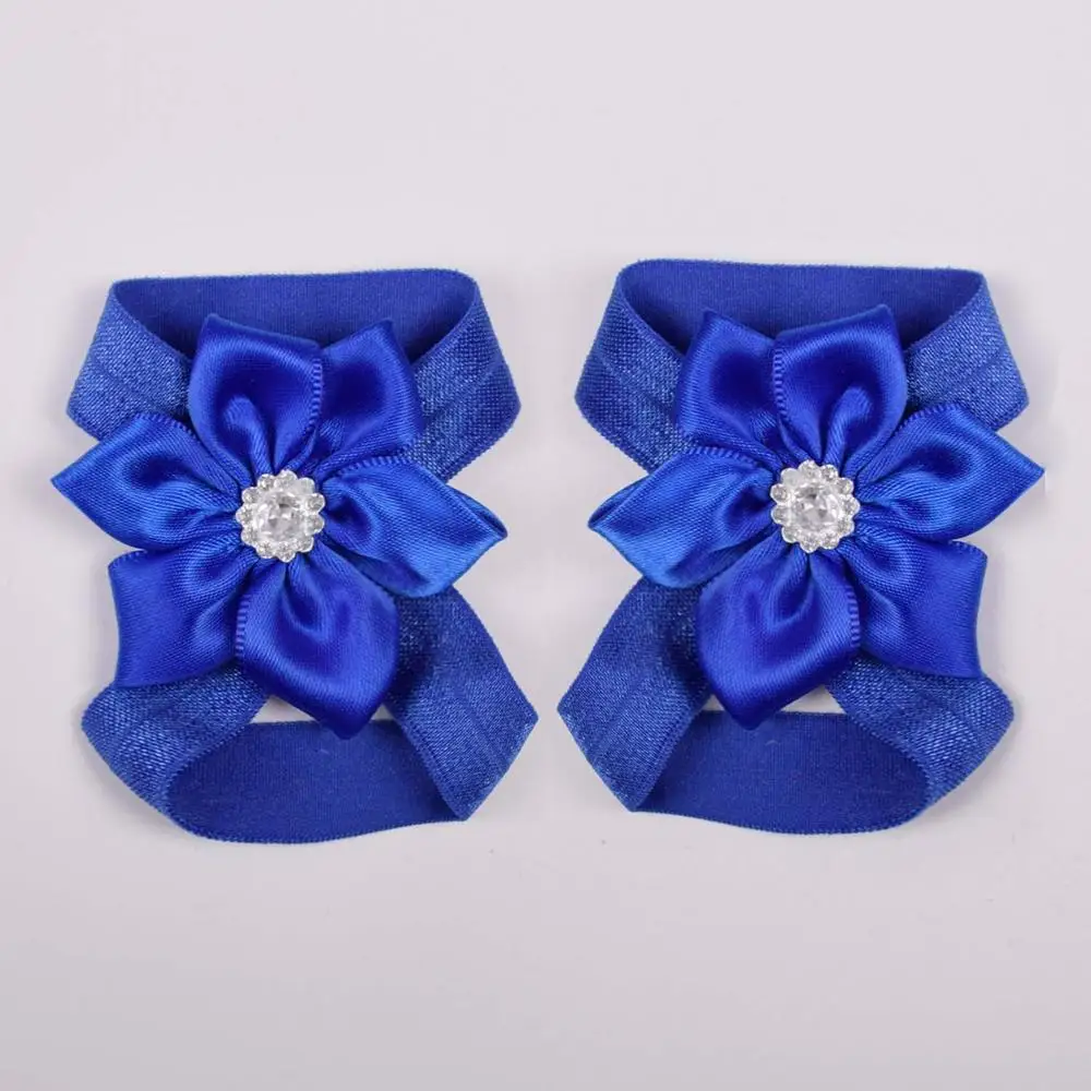 Royal blue Детские Босиком сандалии с цветочным рисунком, выполненным лентами новорожденных сандалии платье для крещения; для маленьких девочек; реквизит для фотографий на день рождения обувь для новорожденных и детей до 2T - Цвет: Royal blue