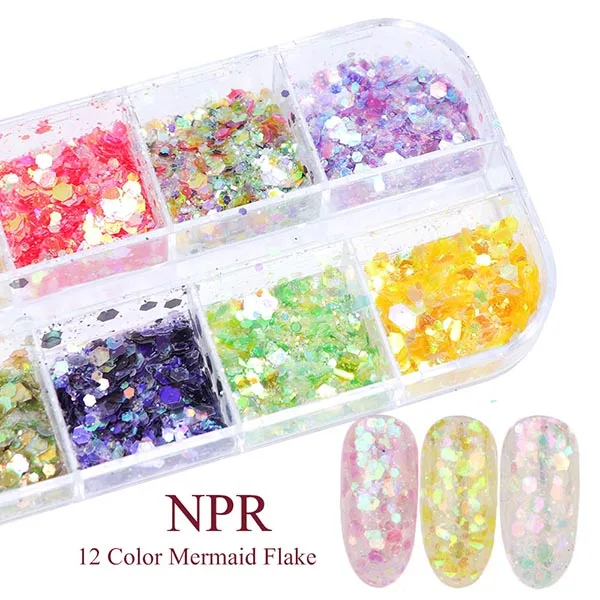 NPR 12 сеток лазер смешанный порошок пыль лак для ногтей хлопья блестки 3D Русалка шестиугольник ультра-тонкие ломтики для ногтей маникюр набор CH735 - Цвет: NPR