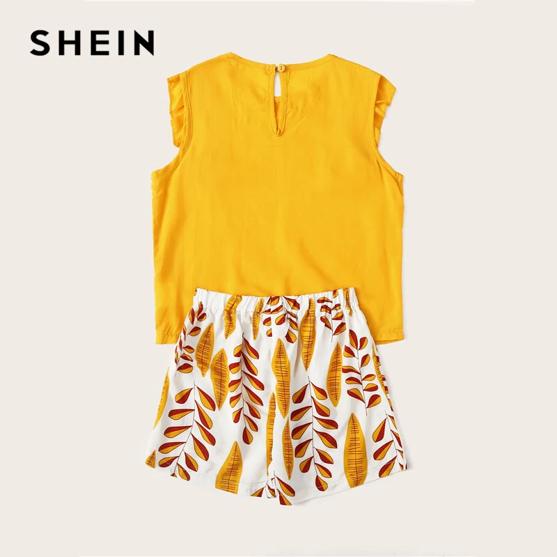 SHEIN/детская блузка для маленьких девочек с оборками и шорты с принтом растений; детская одежда; коллекция года; Летние Праздничные комплекты одежды в стиле бохо