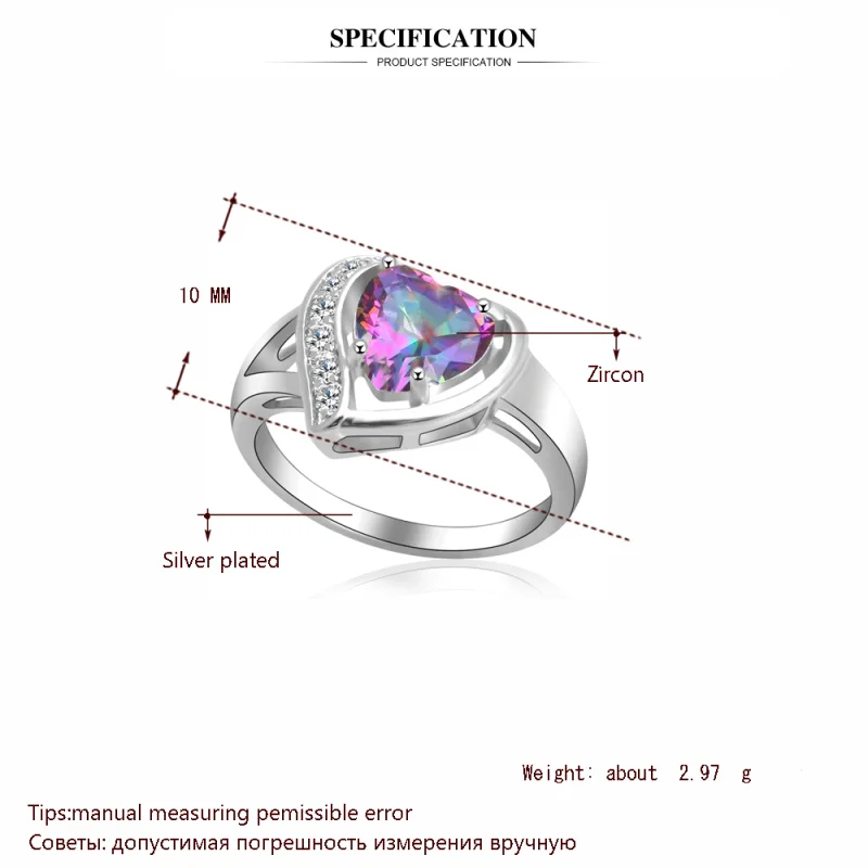 ROLILASON Weeding gift Heart desgin ring for women multicolor zircon white crystal silver color Rings USA size #6#7#8#9#10 OR916 | Украшения