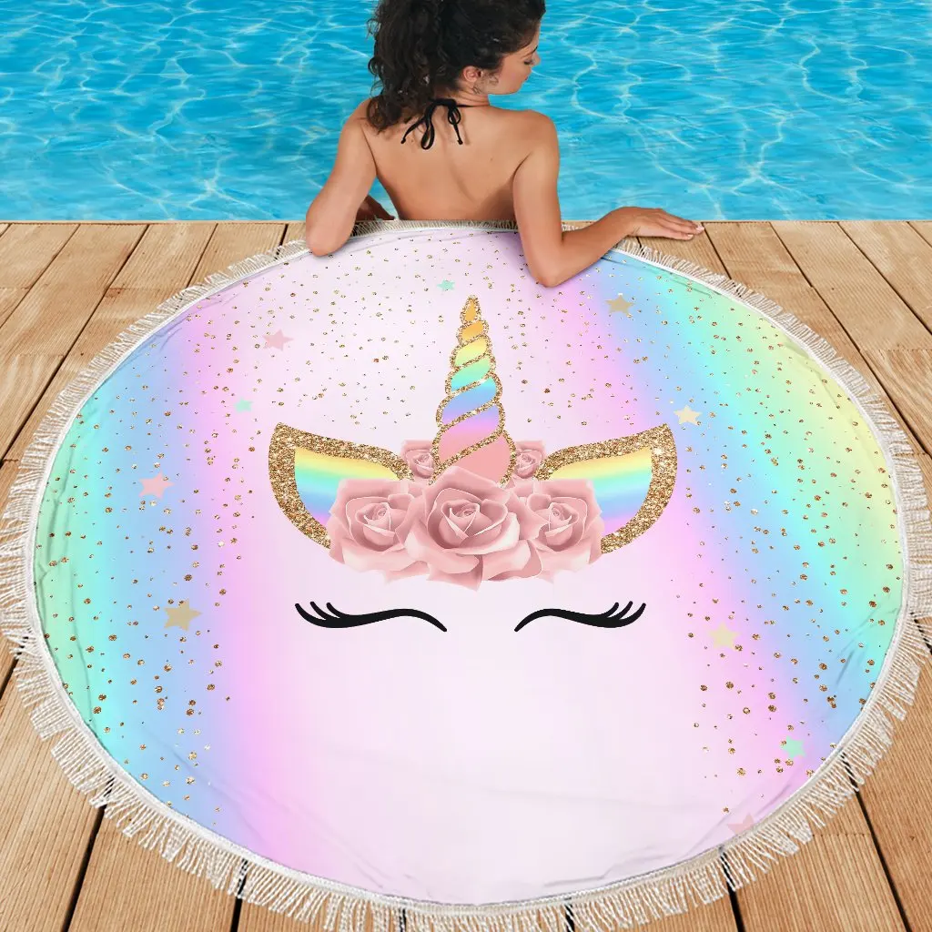 Rainbow Floral Unicorn Horn Beach Blanket Microfiber Printed 150cm Round BeachTowel With Tassels Dropshipping | Дом и сад