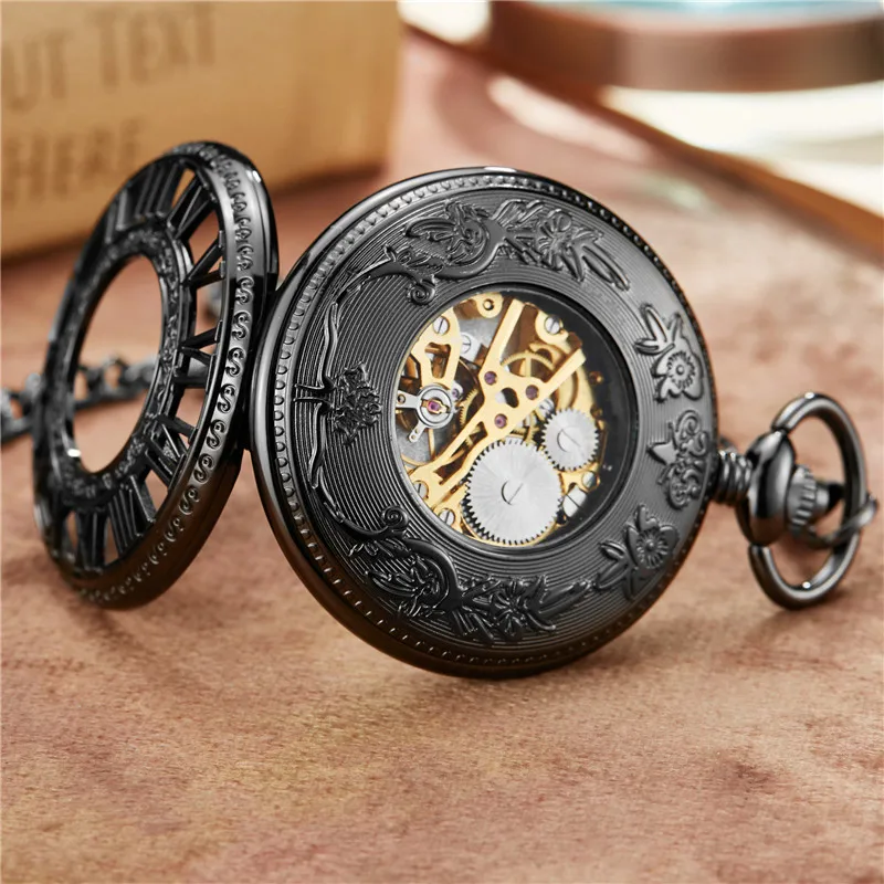 Retro Hollow Skeleton Steampunk Pattern Design Mechanical Pocket Watch Mens  Roman Numerals Hand Wind Fob Chain Clock Male