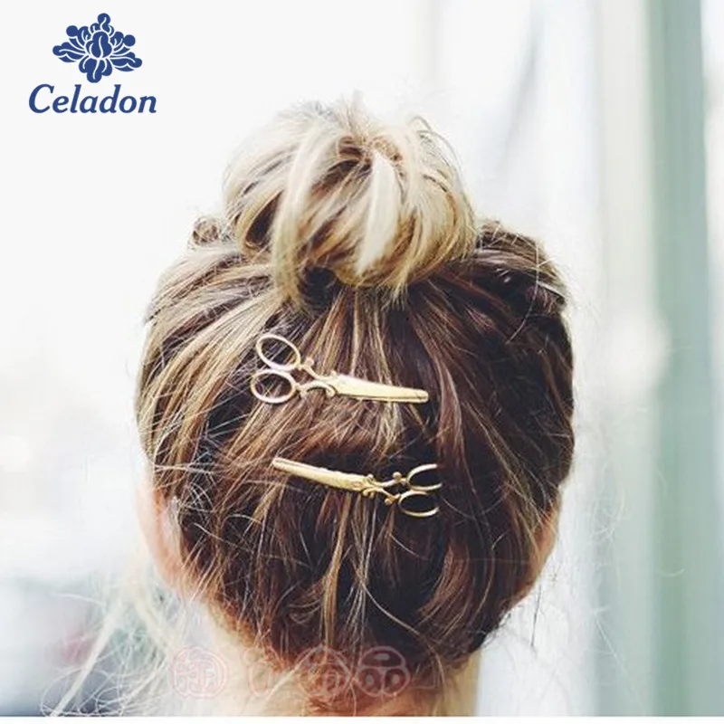 Заколка для волос женская золотистая серебристая в форме ножниц пробы |