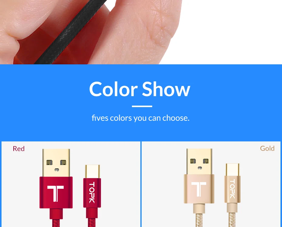 Кабель TOPK usb type-C с нейлоновой оплеткой для синхронизации данных и USB-C, зарядный кабель для samsung Galaxy S9 S8 XiaoMi 8 5X, кабель для мобильного телефона, 5 шт. в упаковке