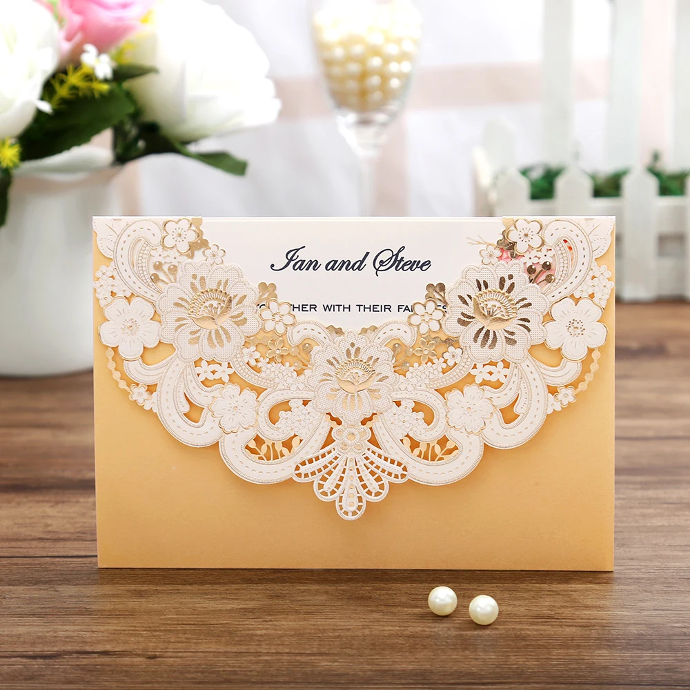 

50 Pcs Horizontal Laser Cut Wedding Invitation with Gold Hollow Flora,Customizable,