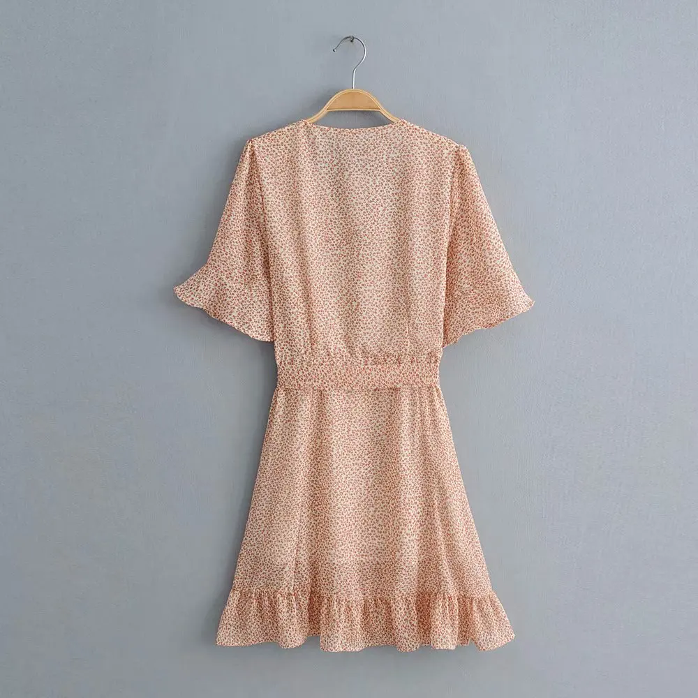 Сексуальное платье с коротким рукавом и цветочным принтом v образным вырезом