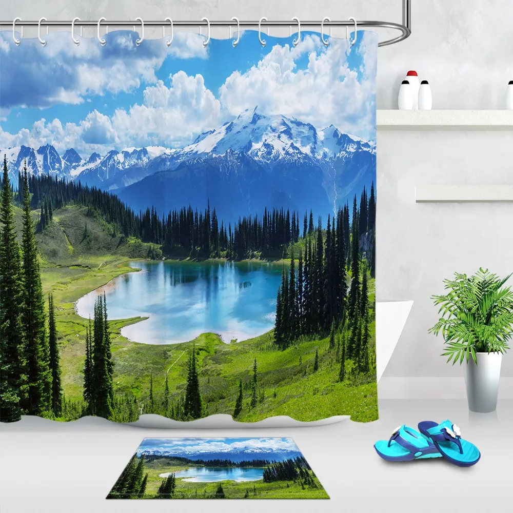 

Green Tree Lake Snowy Mountains Shower Curtains Bathroom Curtain Mat Set Nature Scenic Waterproof Fabric For Bathtub Decor