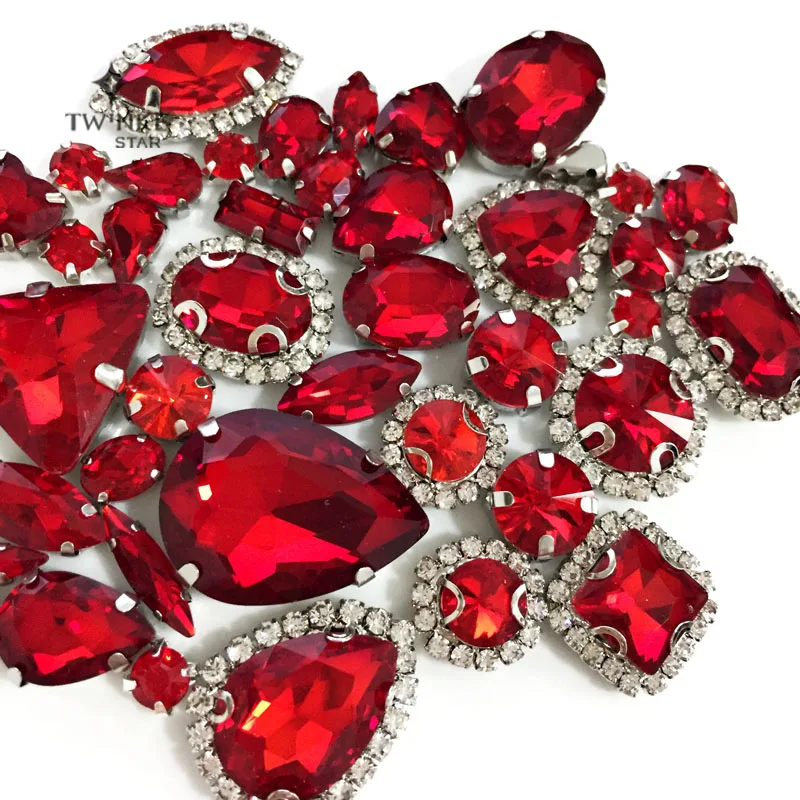 Red color Mix shape mix size Crystal buckle+claw rhinestone Silver base galss sew on stones diy/Clothing accessories 50pcs/pack | Дом и сад