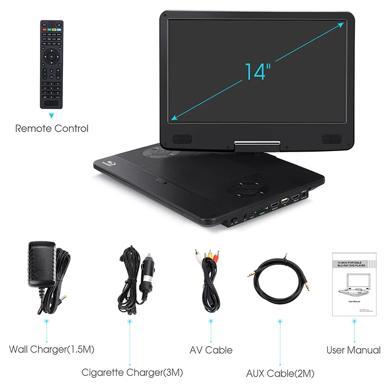 14&quot TFT Auto Tragbarer Blu-ray DVD Player 1080P HDMI TV USB Heimkino Dolby AKKU Portable | Электроника