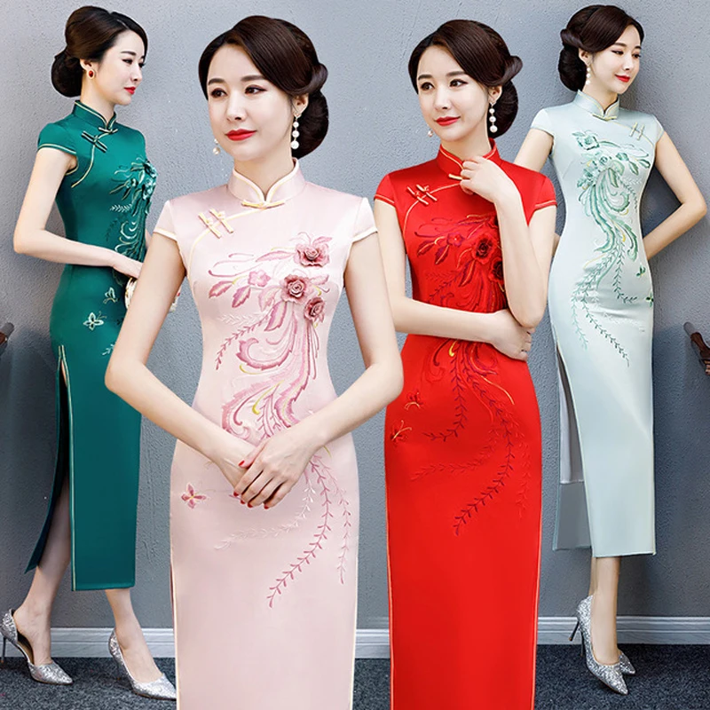 Женское атласное длинное вечернее Ципао Qipao винтажное платье с цветочным принтом