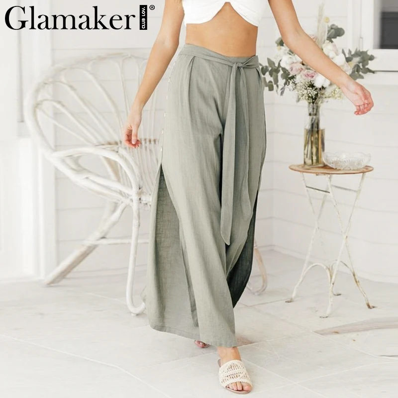 Женские широкие брюки Glamaker летние свободные цвета хаки с разрезами по бокам