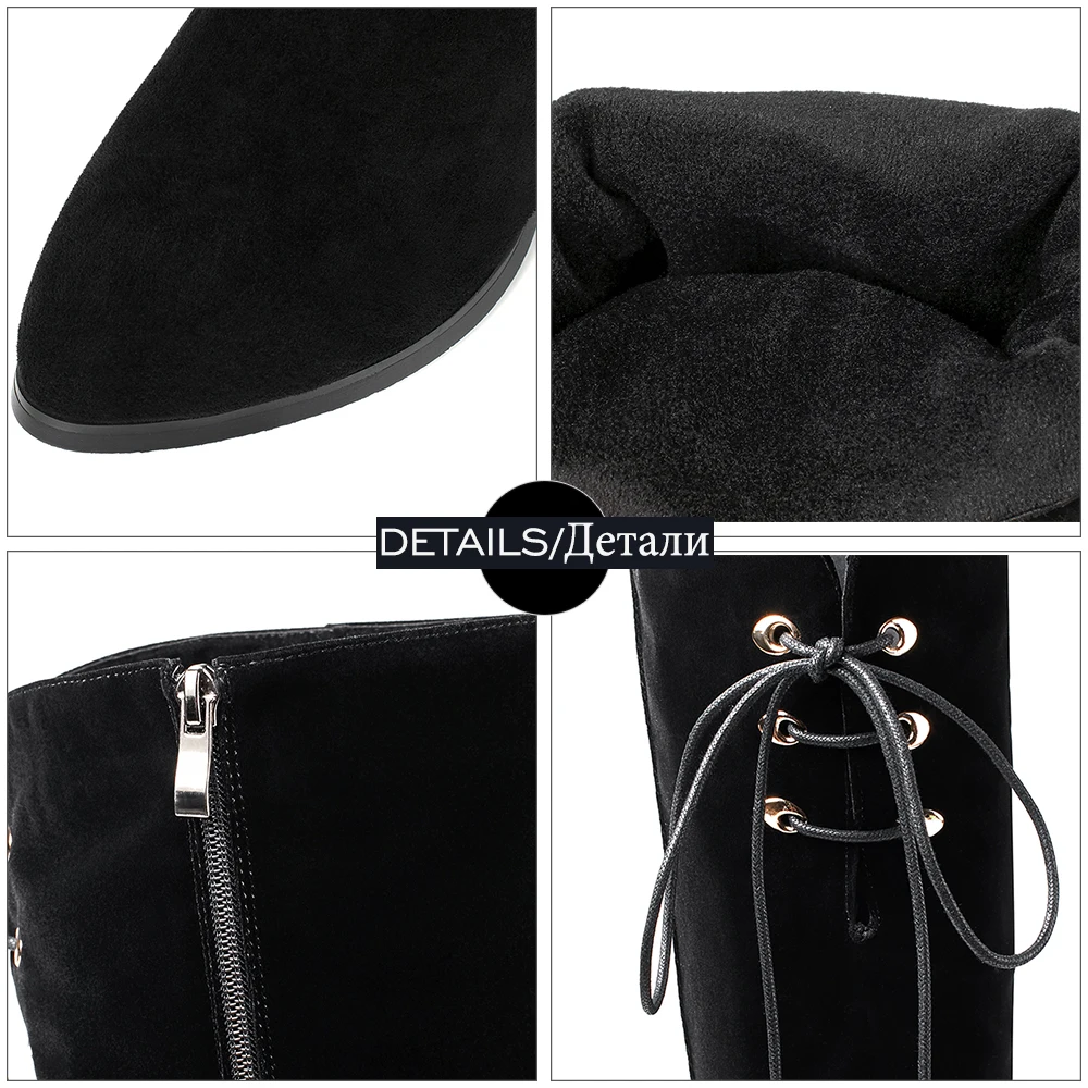 

WETKISS Flock Knee Boots Cross tied Shoes Women Black Flock Winter Boots Female Zipper Thick High Heels Woman