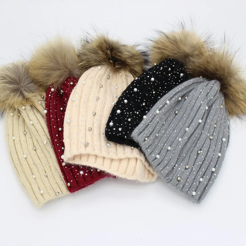 Шапка с помпонами из меха норки и лисы зимняя женская шапка шерстяная для девочек