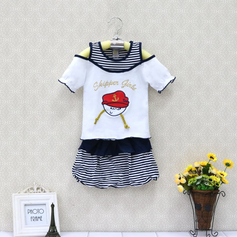 

2021 Baby Summer Clothing Set For Girls Children T shirt+Skirt 2 pcs/set striped navy style cotton kids clothes outfits