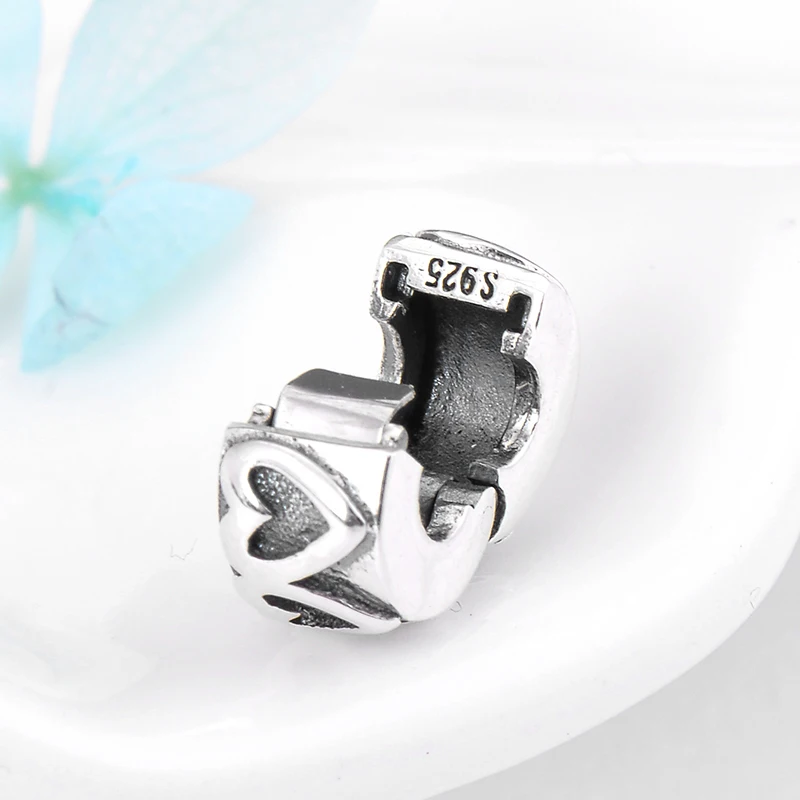 925 Sterling Silver round shape Fixed Clip Lock beads for jewelry making charms sweet heart Fit Original Pandora Charms Bracele | Украшения