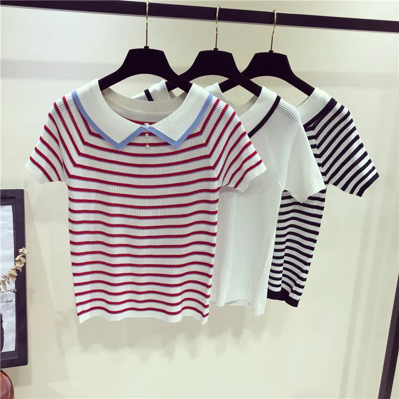 Женская трикотажная футболка с коротким рукавом и жемчугом полосатые футболки