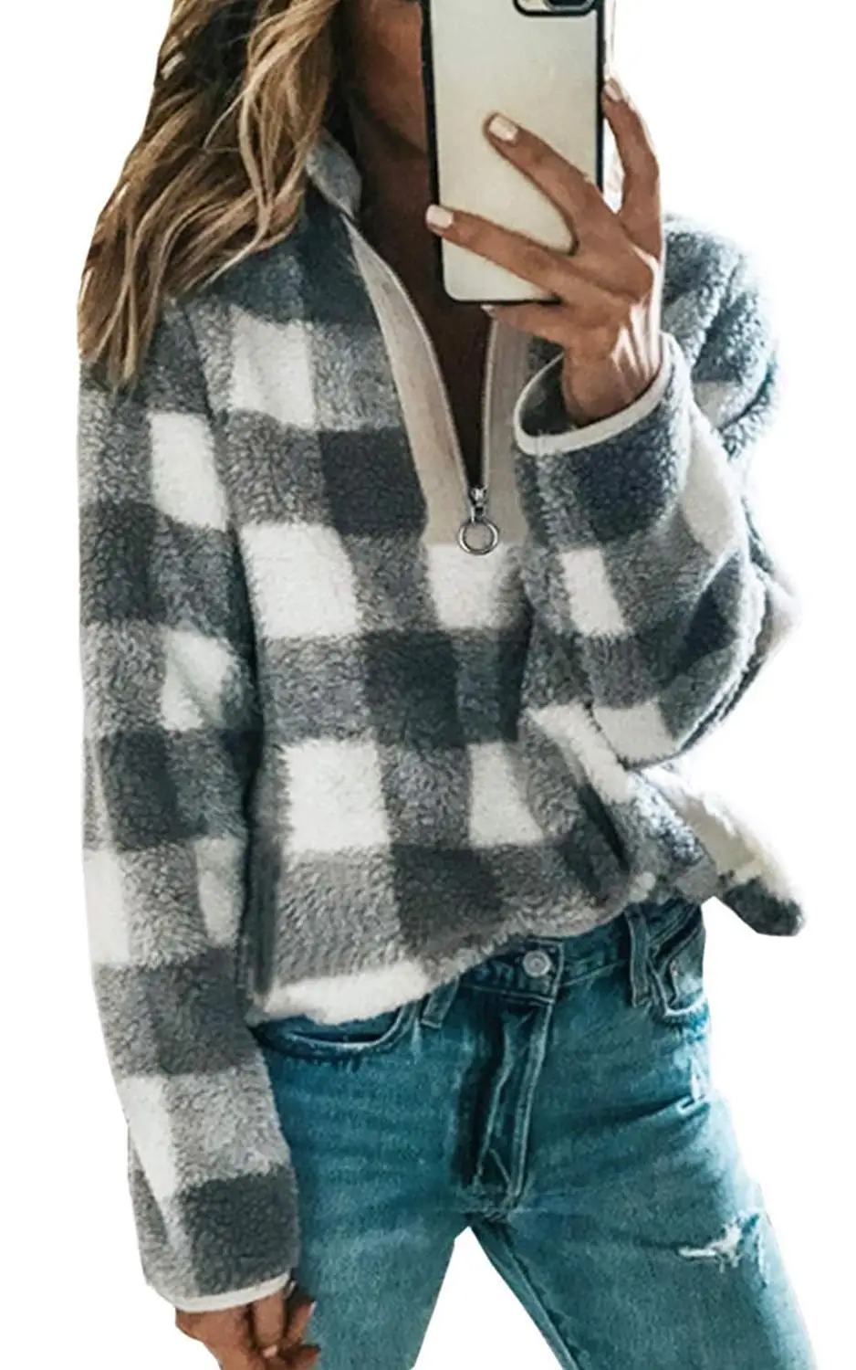 2019 Women Long Sleeve 1/4 Zipper Lapel Fleece Pullover Sweater shirt Warm Plaid Fluffy Hoodies Sherpa Knit Soft Outwear Coat | Женская