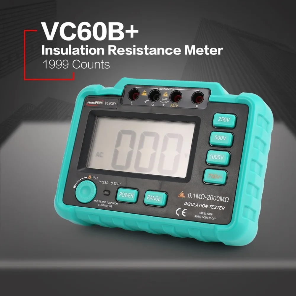 VC60B+ 1000V Digital Auto Range Insulation Resistance Meter Tester Megohmmeter Megger High Voltage LED Indication 1999 Counts |