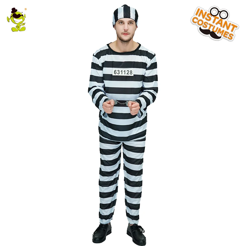 

Men Prisoner Killer Costume Halloween Purim Costumes Adult Scary Zombie Prisoner Suit Black White Stripe Fancy Cosplay Clothing