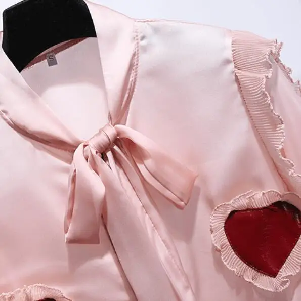 2019 Spring Autumn Women heart-shaped Long Sleeve Bow Shirts + PU Red Skirt 2 pcs sets Female Beautiful Dresses A643 | Женская одежда