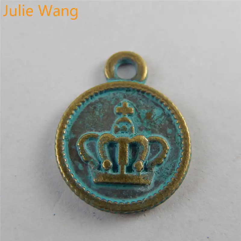Julie Wang 20pcs Античная бронзовая зеленая Корона подвеска с монетницей сплав сделай