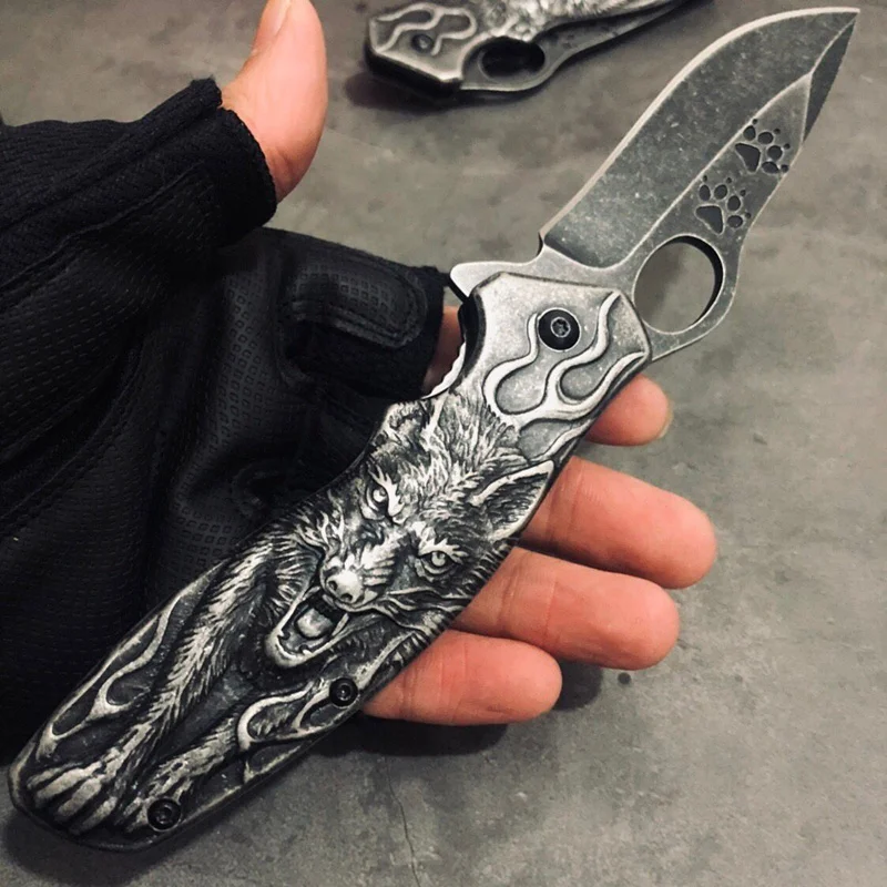 Высокое качество 3D Волк король резной Stonewash Тактический нож выживания кемпинг охотничьи ножи Открытый складной карманный нож s