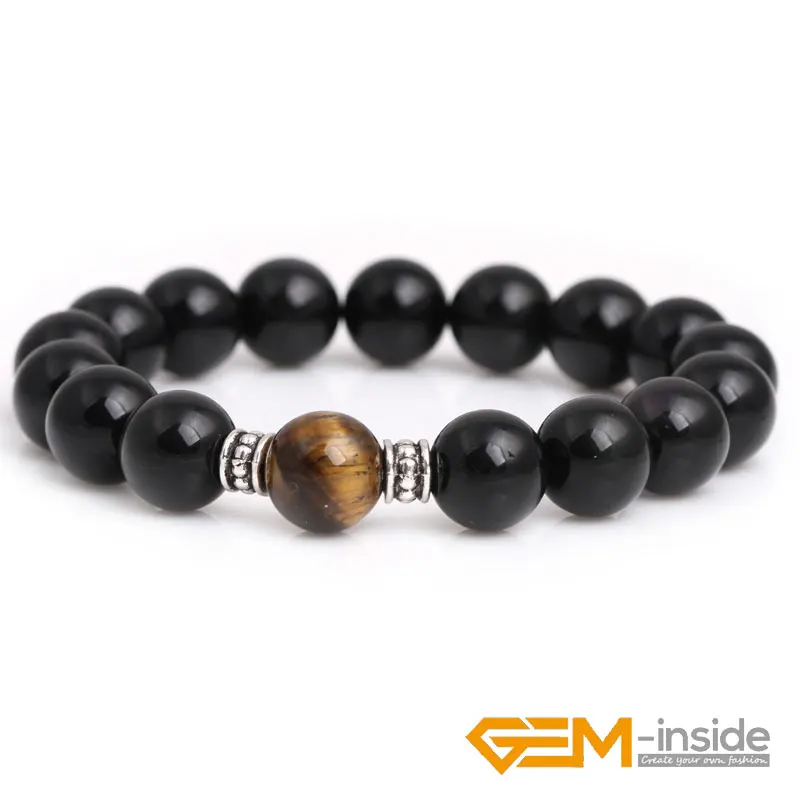 

Natural 10mm Yellow/Red Tiger Eyes Black Obsidian Round Beaded Stretch Fashion Women Bracelet 7" GEM-inside Wholesale