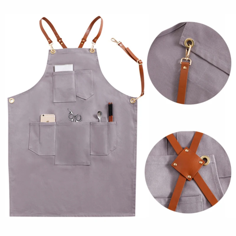 

2018 Canvas Apron for Women Men Gray Senior BBQ Bib Leather Chefer Kitchen Barber cooking Restaurant Waitress Print Logo Gift