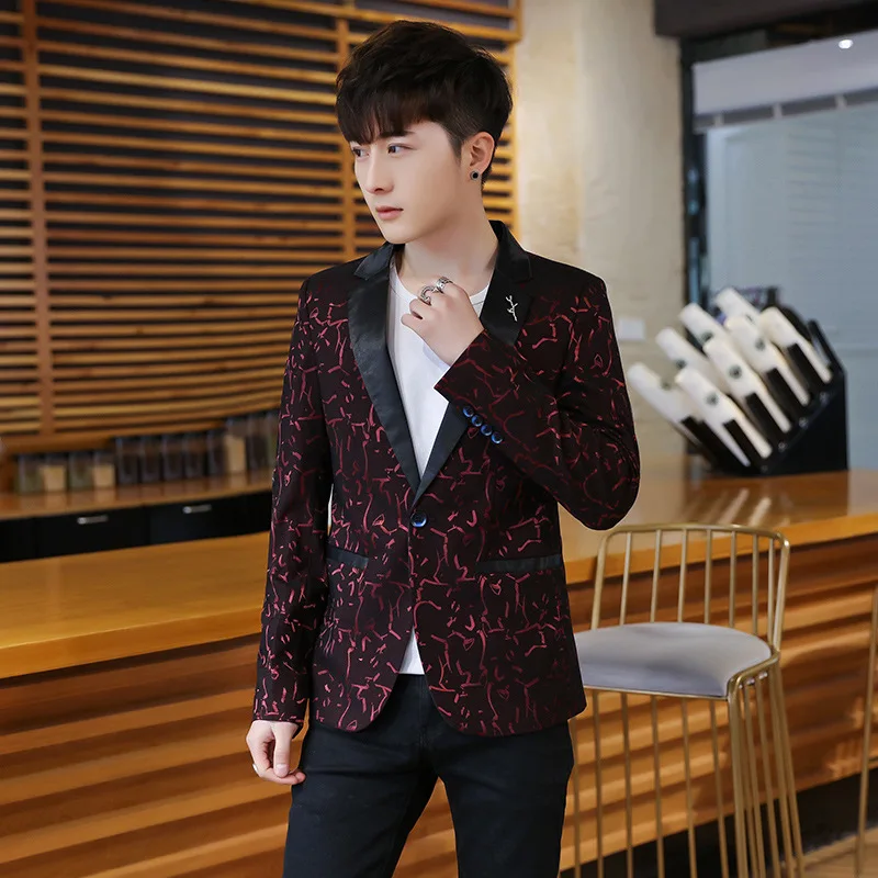

2020 spring new men's fashion suit lapel suit youth casual print suit