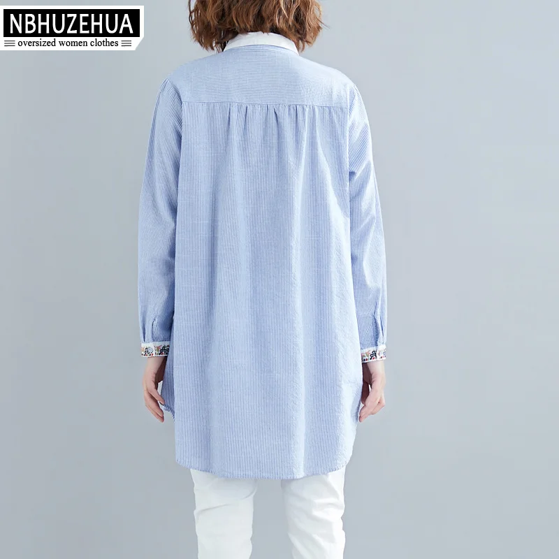 NBHUZEHUA женская блузка 2019 Весенняя полосатая рубашка с длинным рукавом вышивкой