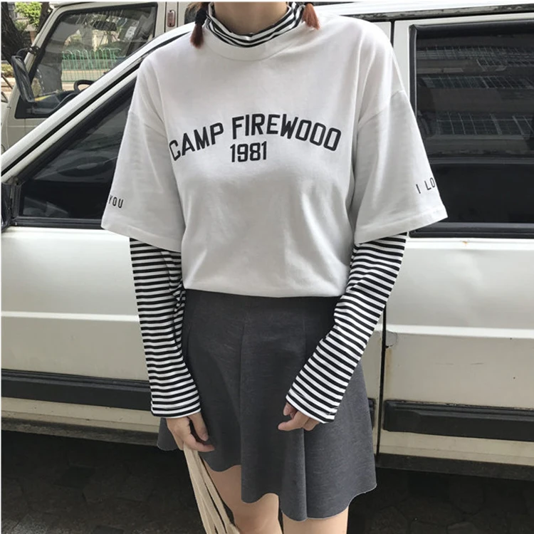 Весна Корейский Ulzzang повседневные женские футболки Harajuku мода BF стиль Топы черный