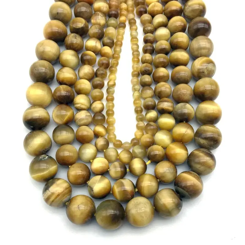 Натуральная каменная бусина из тигрового глаза с золотистым оттенком, шарообразная, гладкая, 6 мм, 8 мм, 10 мм, 12 мм, для создания украшений своими руками.