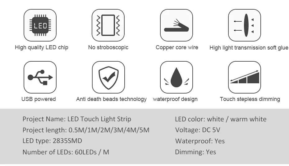0,5-5 M 2835 DC 5V Светодиодная лента Водонепроницаемая ip65 Лента-тесьма со светодиодами датчик касания с регулируемой яркостью переключатель управления с USB кабель питания A1
