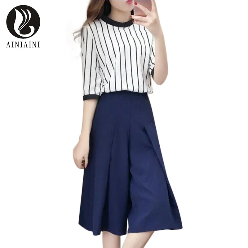 Лето 2017 г. Mew короткий рукав полосатый Топы корректирующие Широкие брюки комплект