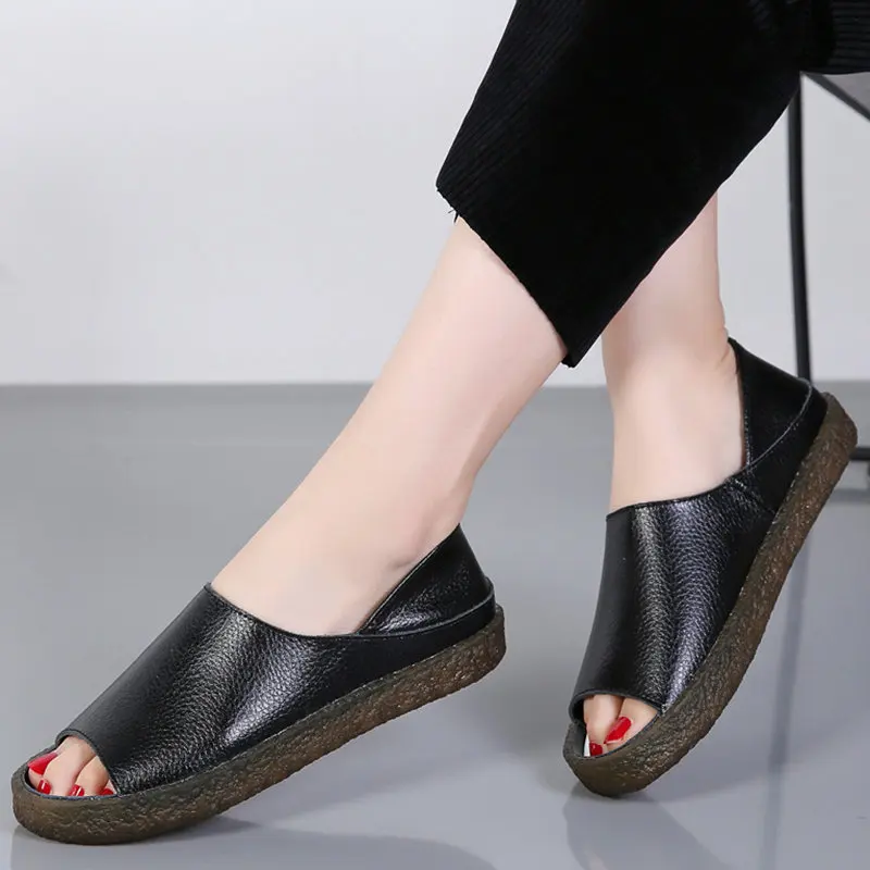 Women Sandals Genuine Split Leather Flat Heel Ankle Slip on Solid Slides Platform Flip Flops Ladies Mules Sandalias Mujer 035W | Обувь