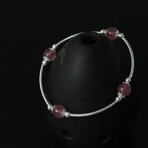 S925 Sterling Silver Bracelet for Women Strawberry Quartz Aquamarine Beads Bangles Romantic Handmade Vintage Decoration Jewelry