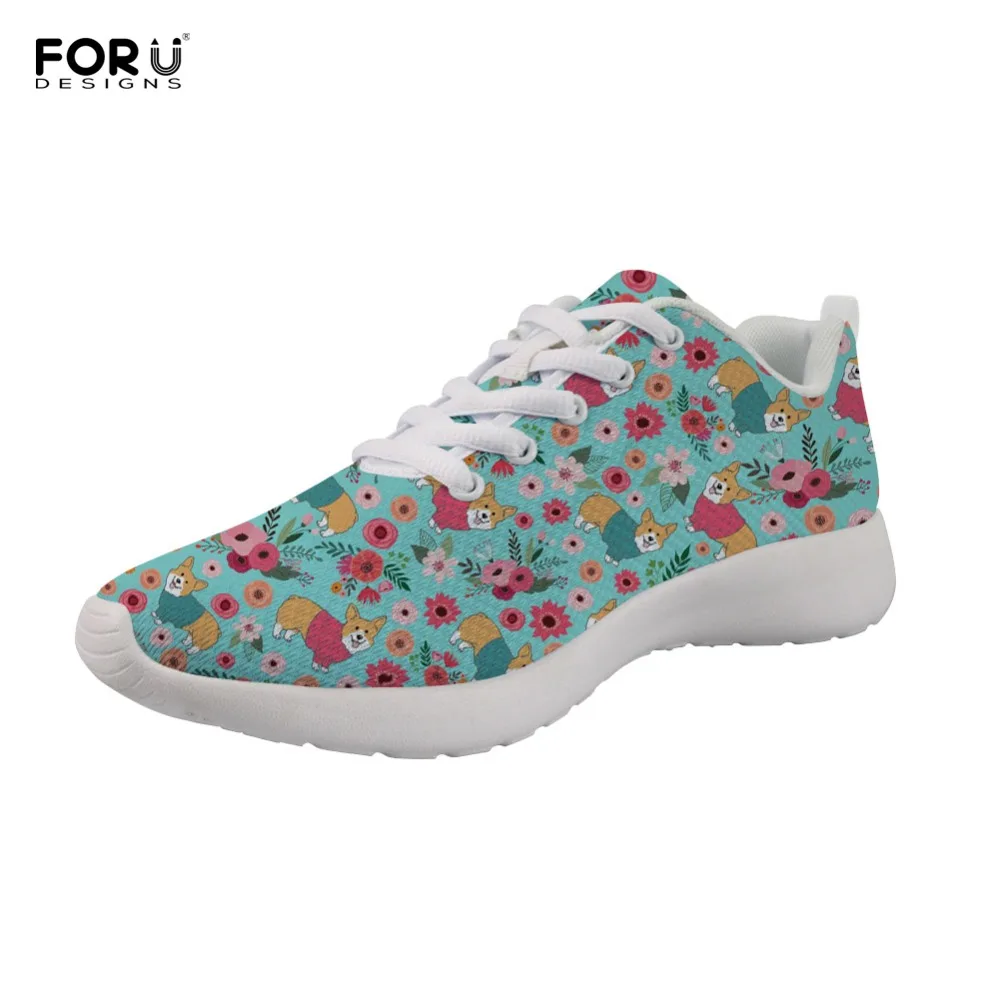 FORUDESIGNS Cute Corgi Floral Printed Women Light Rubber Sneakers Casul Teenage Girls Comfortable Summer Walking Flats Shoes | Обувь