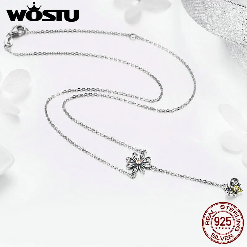 WOSTU New Arrival 100% 925 Sterling Silver Bee Love Daisy Flower Pendant Necklace For Women S925 Jewelry Gift DXN202 | Украшения и