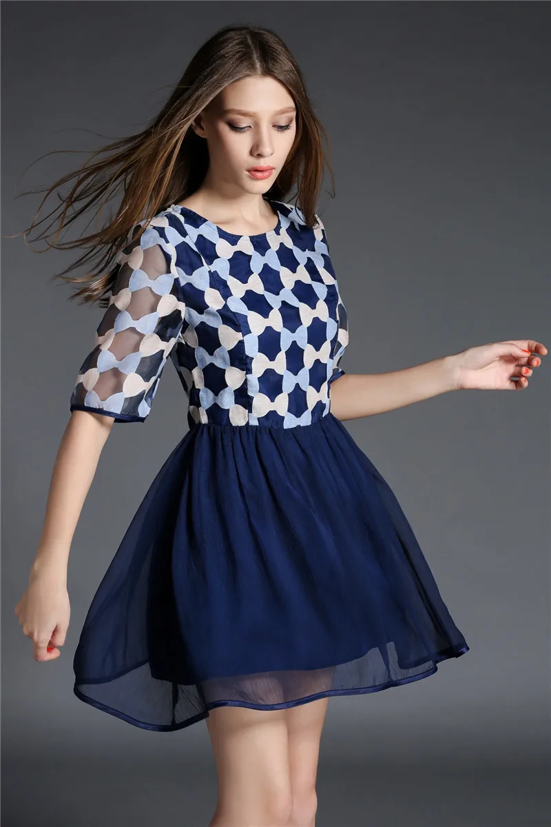 Платье шифон лето тёмно-синий узор в горошек платья одежда женщины свободного