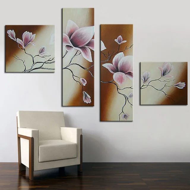 

Light Purple Pine Flower Oil Painting Hand Painted Acrylic Abstract 4 Panel Home Wall Art Picture Unframed for Living Room Decor
