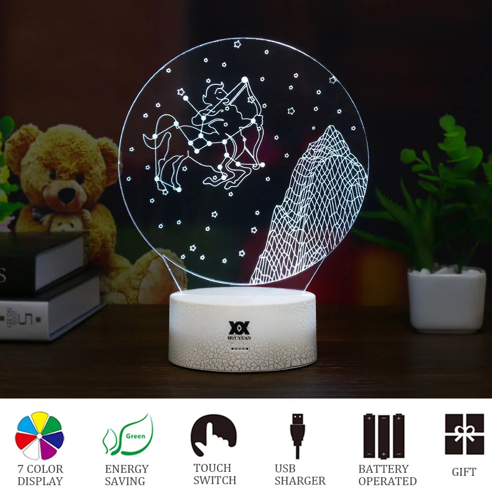 HUI YUAN Brand Sagittarius 3D Remote LED Night Light Touch Table Lamp 7 Color Visual illusion USB Glowing Children's Gift | Лампы и