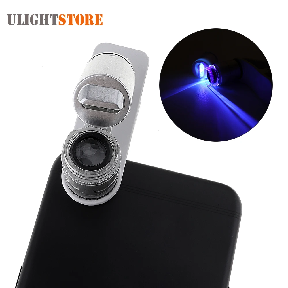 

Mini 60X Optical Lens Glass Clip Microscope Magnifier Currency Detecting Jewelry Loupe with LED Lamp for Universal Mobile Phone